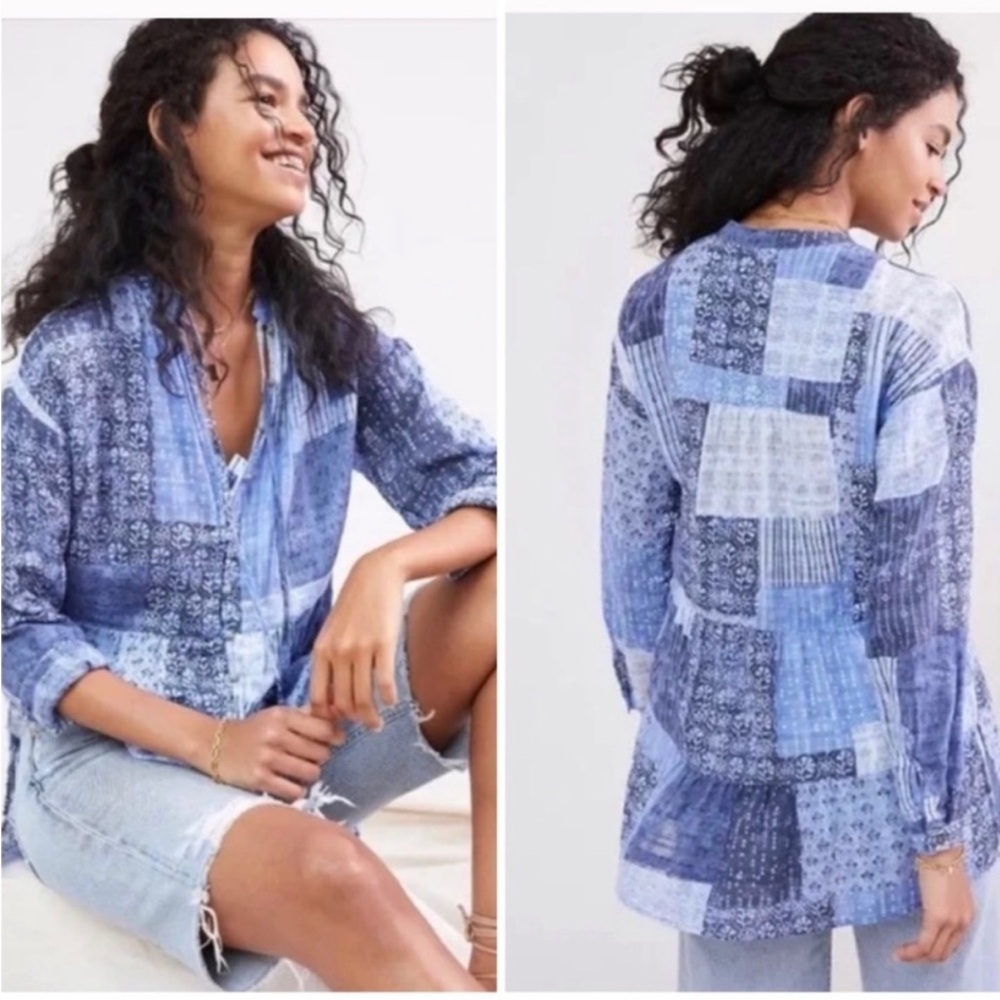 ANTHROPOLOGIE PILCRO TOP BLUE PATCHWORK TUNIC BLOUSE SIZE S